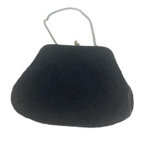 Vintage Evening Bag By Josef Beaded Kiss Lock Figaro Chain Lined Black